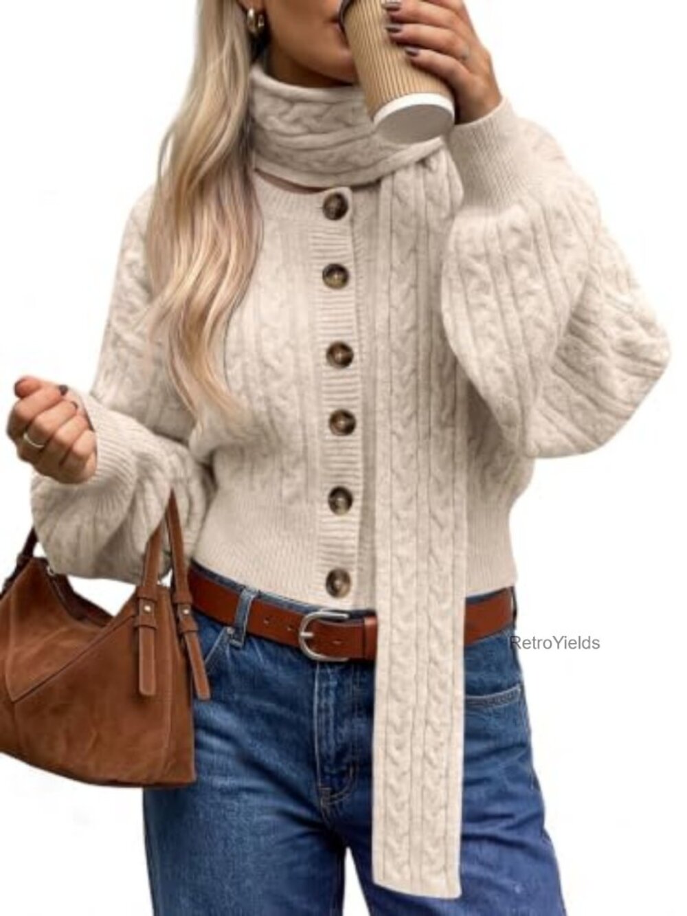 Cable Knit Button Up Cropped Cardigan Sweater with Scarf